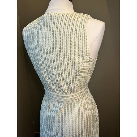 Ann Mashburn Full Zip Sleeveless Green/Cream Belted Pocket Midi Dress L 100% Cot - Picture 4 of 11